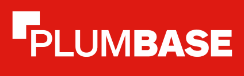 Red and white Plumbase logo featuring the brand name in bold, capitalized white letters on a red background, with a white geometric shape to the left.