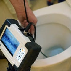 A person is using a plumbing inspection camera to examine the inside of a toilet bowl. The camera screen displays a live image of the toilet's interior through a flexible cable.