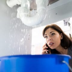 A woman looks concerned while talking on the phone under a kitchen sink. Water is pouring from the pipes above into a blue bucket. She appears to be addressing a plumbing issue.