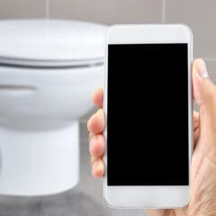 Hand holding a smartphone with a blank screen in front of a white toilet in a bathroom setting.